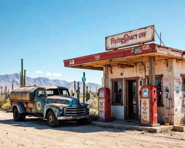 Rustic Gas Station with Vintage Pumps in Desert Landscape