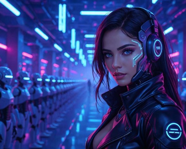 Futuristic Woman in Leather Jacket with Humanoid Robots