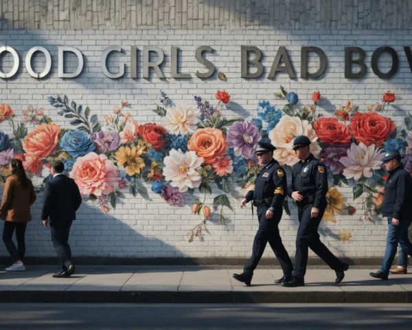 Colorful Mural with Police Officers and Passersby