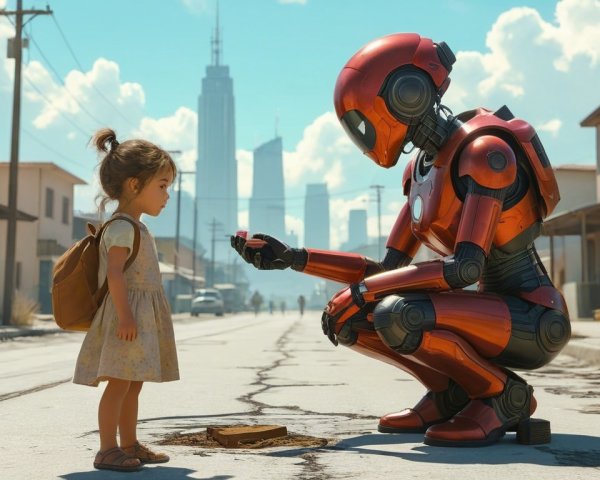 Futuristic City with Robot and Curious Girl Interaction