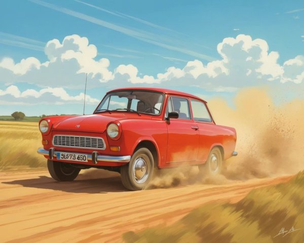 Red Car on Dusty Road with Fields and Blue Sky