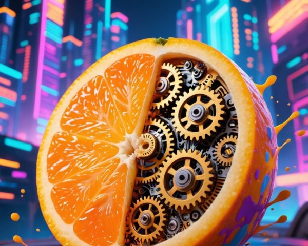 Half-Cut Orange with Clockwork Gears and Neon Cityscape
