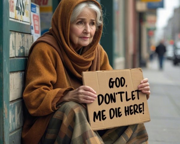 Older Woman with Sign on City Sidewalk