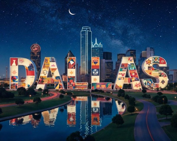 Dallas Skyline at Night with Colorful "DALLAS" Sign