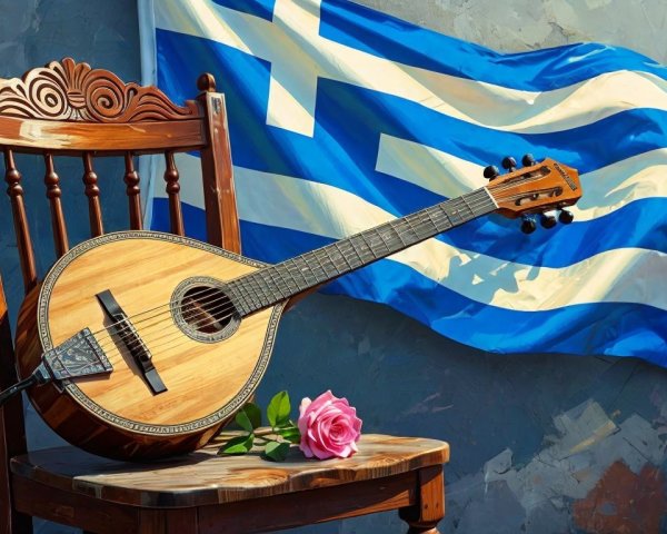 Wooden Bouzouki with Greek Flag and Pink Rose