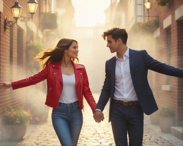Stylish Couple in Cobblestone Alley with Mist
