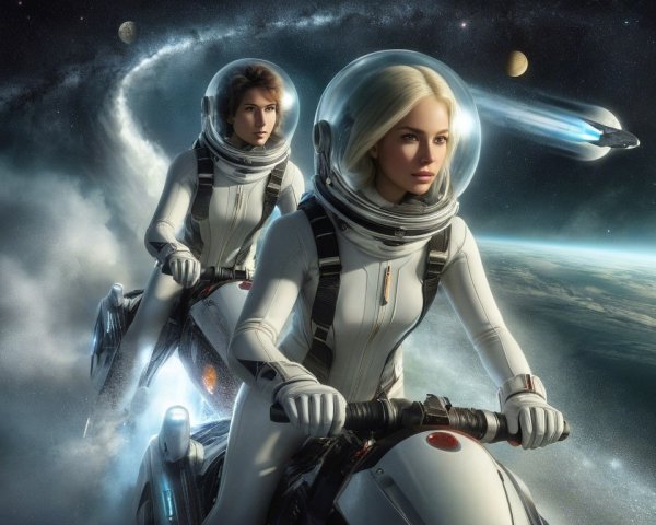 Female Astronauts Navigating Space on Hovercrafts