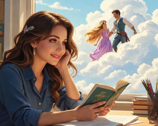 Cozy Library Scene with Fairy Tale Characters