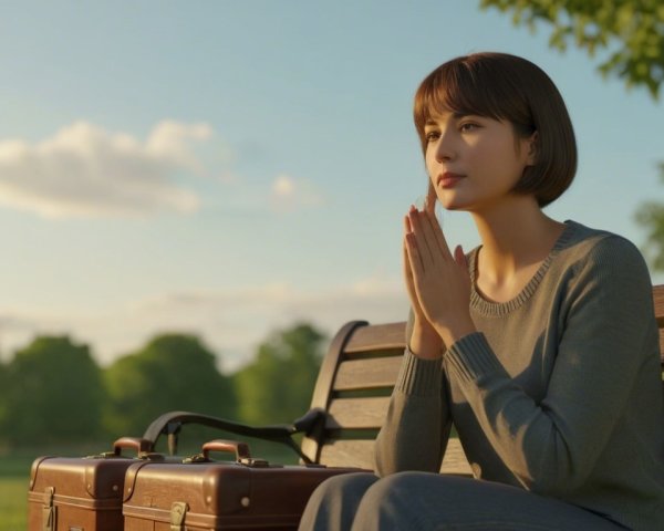 Young Woman on Bench in Sunlit Park Setting