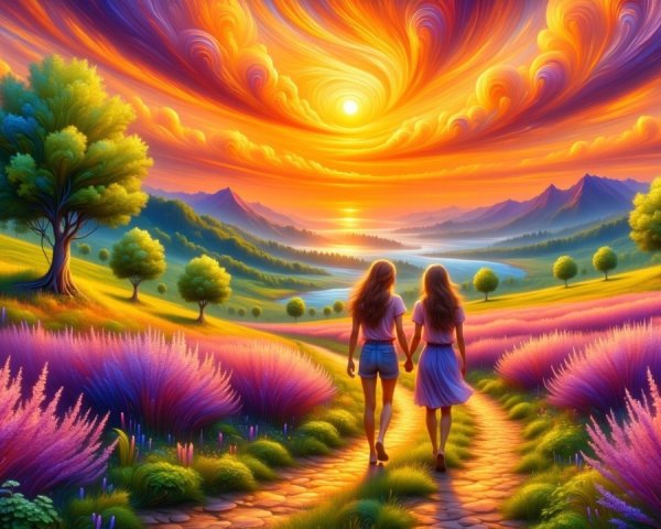 Vibrant Landscape with Figures and Scenic Sunset