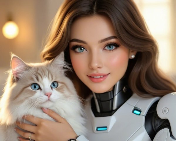 Futuristic Scene of Woman and Cat in Robotic Suit