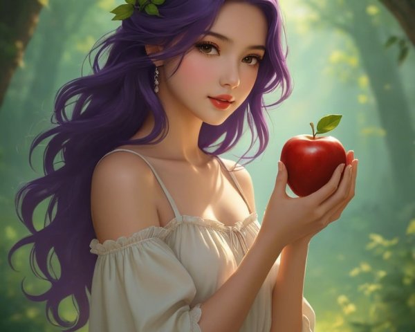 Young Woman with Red Apple in Lush Forest Setting