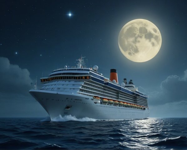 Cruise Ship on Tranquil Ocean Under Full Moon