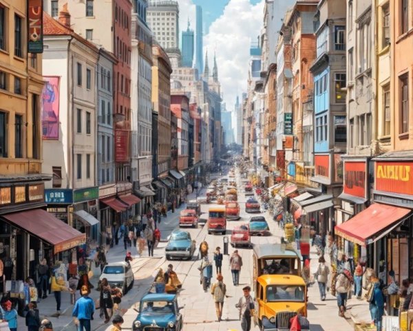 Vibrant City Street Scene with People and Vehicles