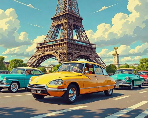 Classic Yellow Car on Paris Street with Eiffel Tower