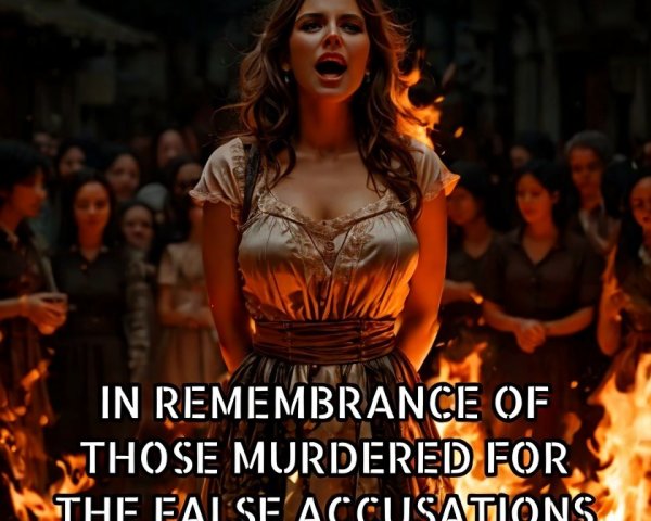 Salem Witch Trials Scene with Flames and Crowd
