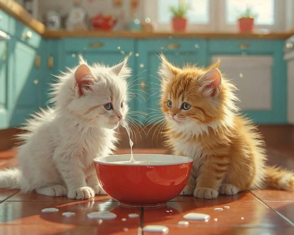 Kittens Exploring Milk Bowl in Bright Kitchen Setting