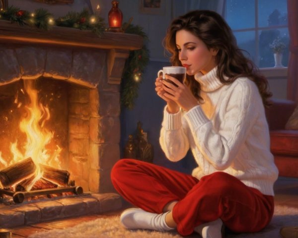Cozy Indoor Scene with Woman by Fireplace in Sweater