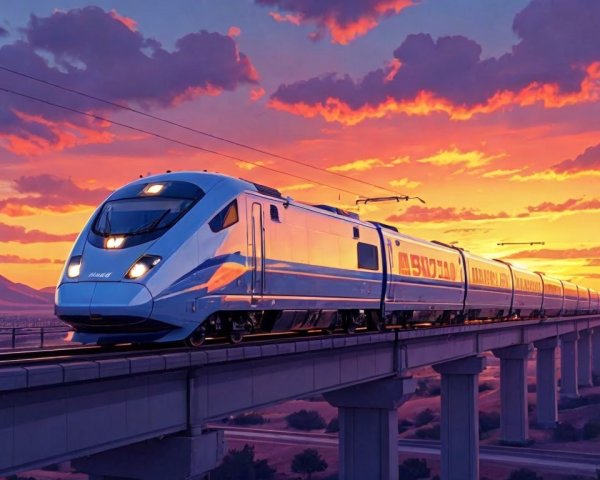 High-Speed Train Crossing Bridge at Sunset