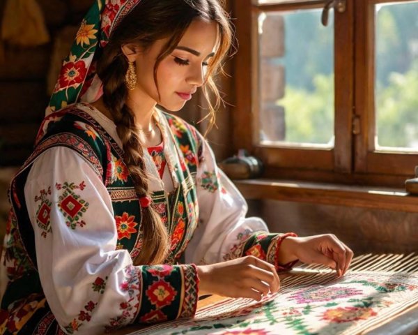 Young Woman Weaving in Traditional Folk Attire by Window