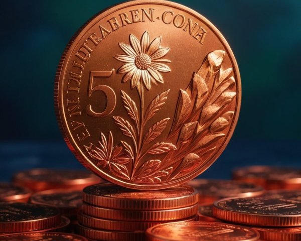 Copper Coin with Floral Design on Blurred Background