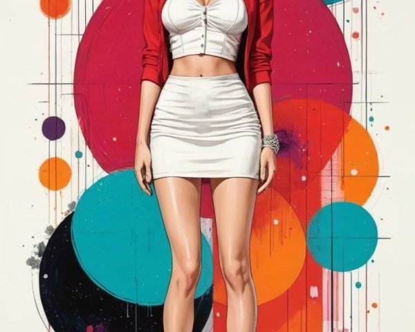 Stylish Woman in Bold Outfit Against Abstract Background