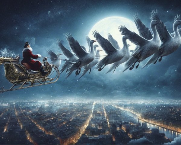 Santa Claus in Sleigh Pulled by Geese Over City at Night