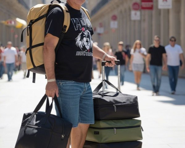 Man in Graphic Tee and Denim Shorts on City Street