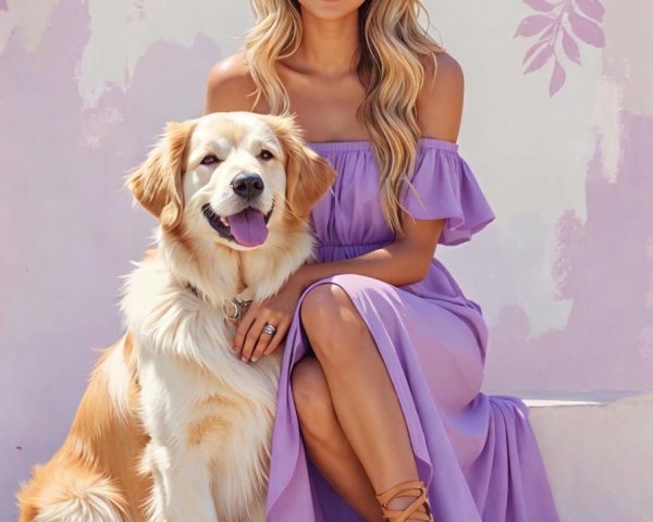 Young Woman in Lavender Dress with Golden Retriever