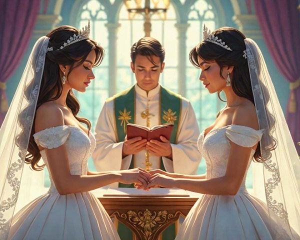Two Brides in Elegant Gowns at Romantic Ceremony
