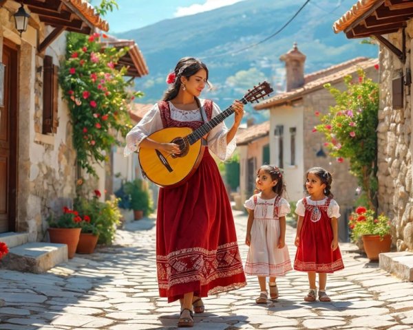 Woman in Red Dress Playing Guitar on Cobblestone Street