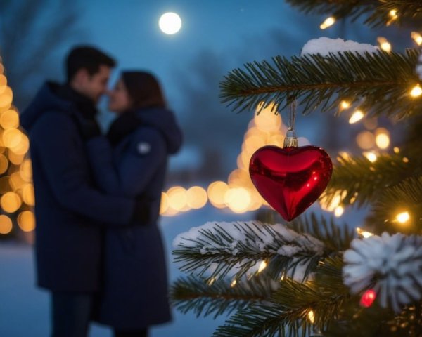 Romantic Winter Scene with Holiday Lights and Snow