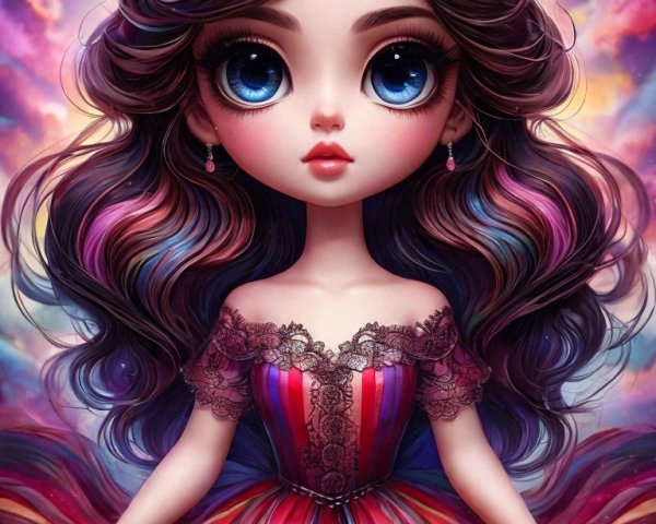 Whimsical Doll Figure Against Vibrant Sky Background