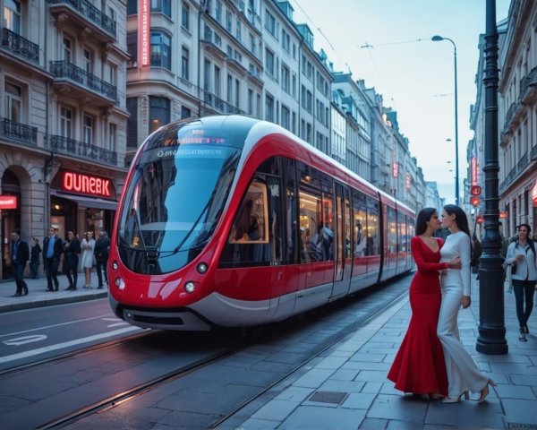 Urban Dusk Scene with Women in Elegant Dresses
