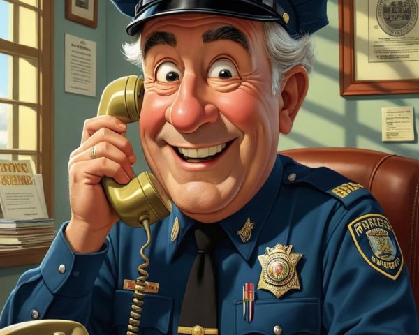 Jovial Police Officer at Desk with Vintage Phone
