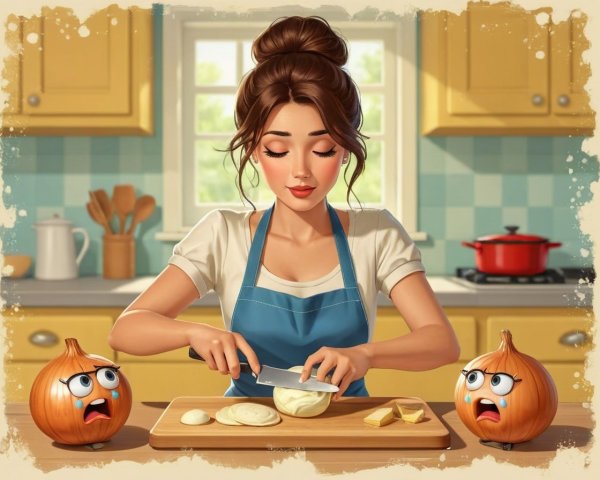 Young Woman Chopping Vegetables in Sunny Kitchen