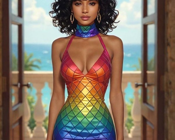 Confident Woman in Colorful Dress at Beach Doorway