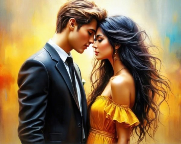 Couple in Intimate Embrace with Colorful Background