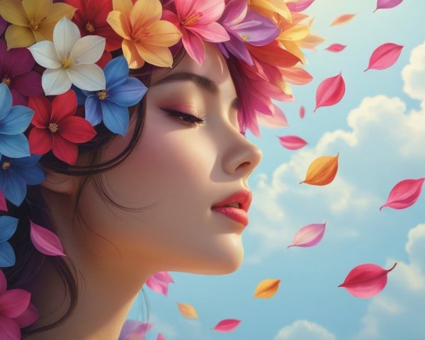 Young Woman with Flower Crown in Dreamy Sky