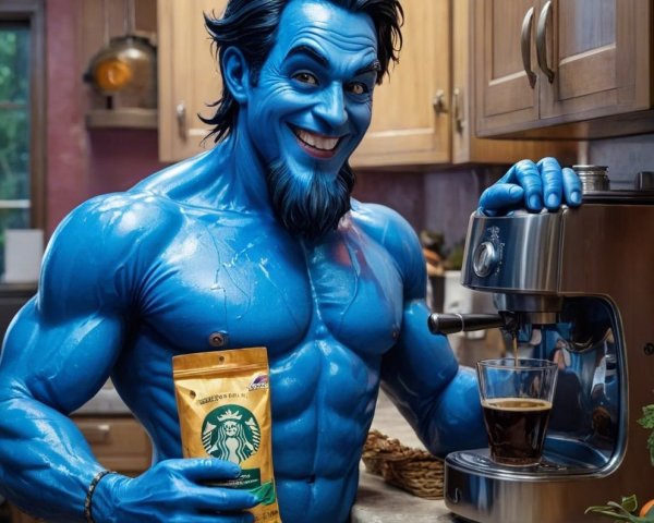 Muscular Blue-Skinned Genie in Kitchen with Espresso Machine