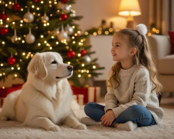 Cozy Holiday Scene with Girl and Golden Retriever