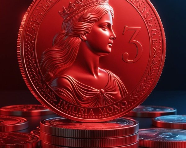 Large Red Coin with Regal Figure and Smaller Coins