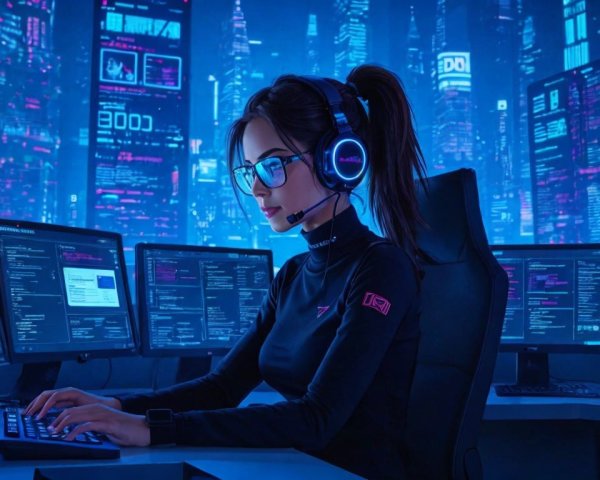 Futuristic Cyberpunk Scene with Young Woman at Desk
