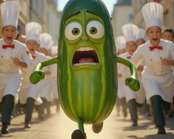 Cartoon Cucumber Character Chased by Chefs on Street