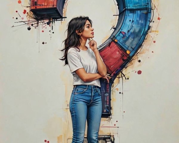 Young woman beside colorful graffiti question mark