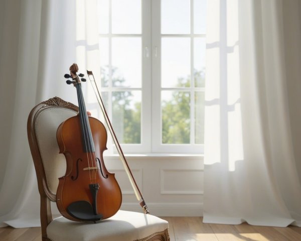 Wooden violin on vintage chair with sunlight shadows