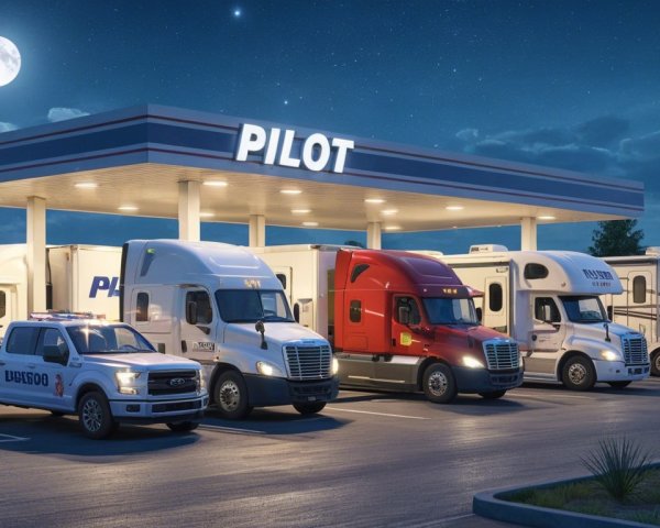 Nighttime Scene at a Gas Station with Trucks and Moonlight