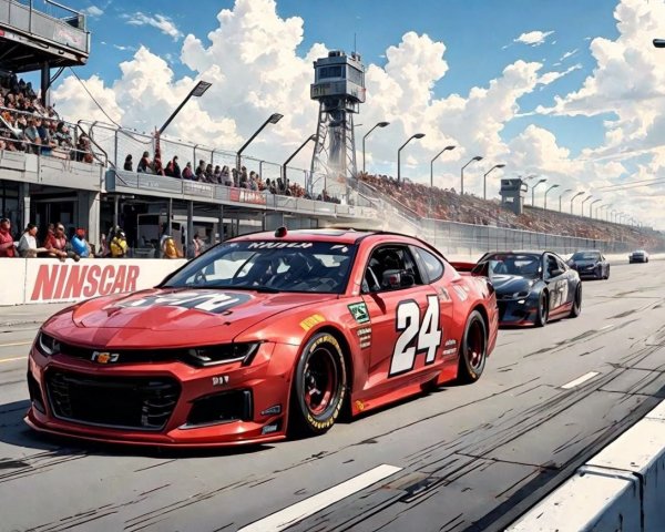Vibrant NASCAR Race Scene with Red Car and Fans