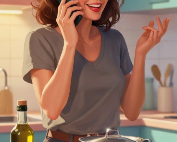 Woman Cooking in Modern Kitchen While Talking on Phone
