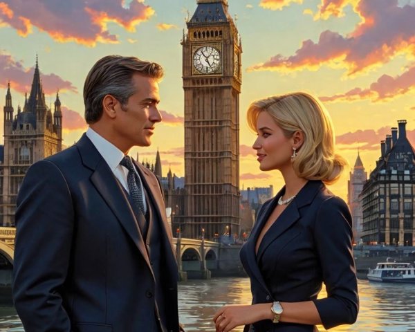 Couple on Bridge with Big Ben at Sunset Over Thames